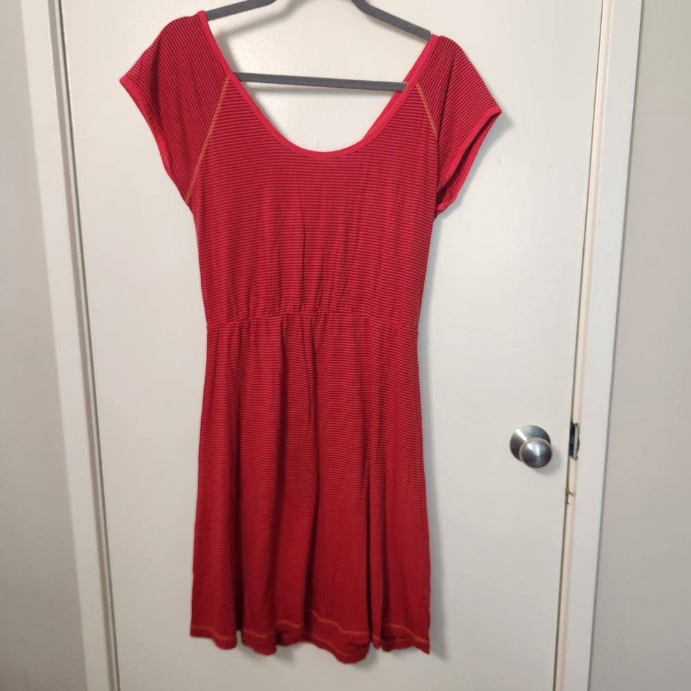Prana Organic Cotton Modal Faith Camp Dress Med Cherry Red Stripe Crossover Back